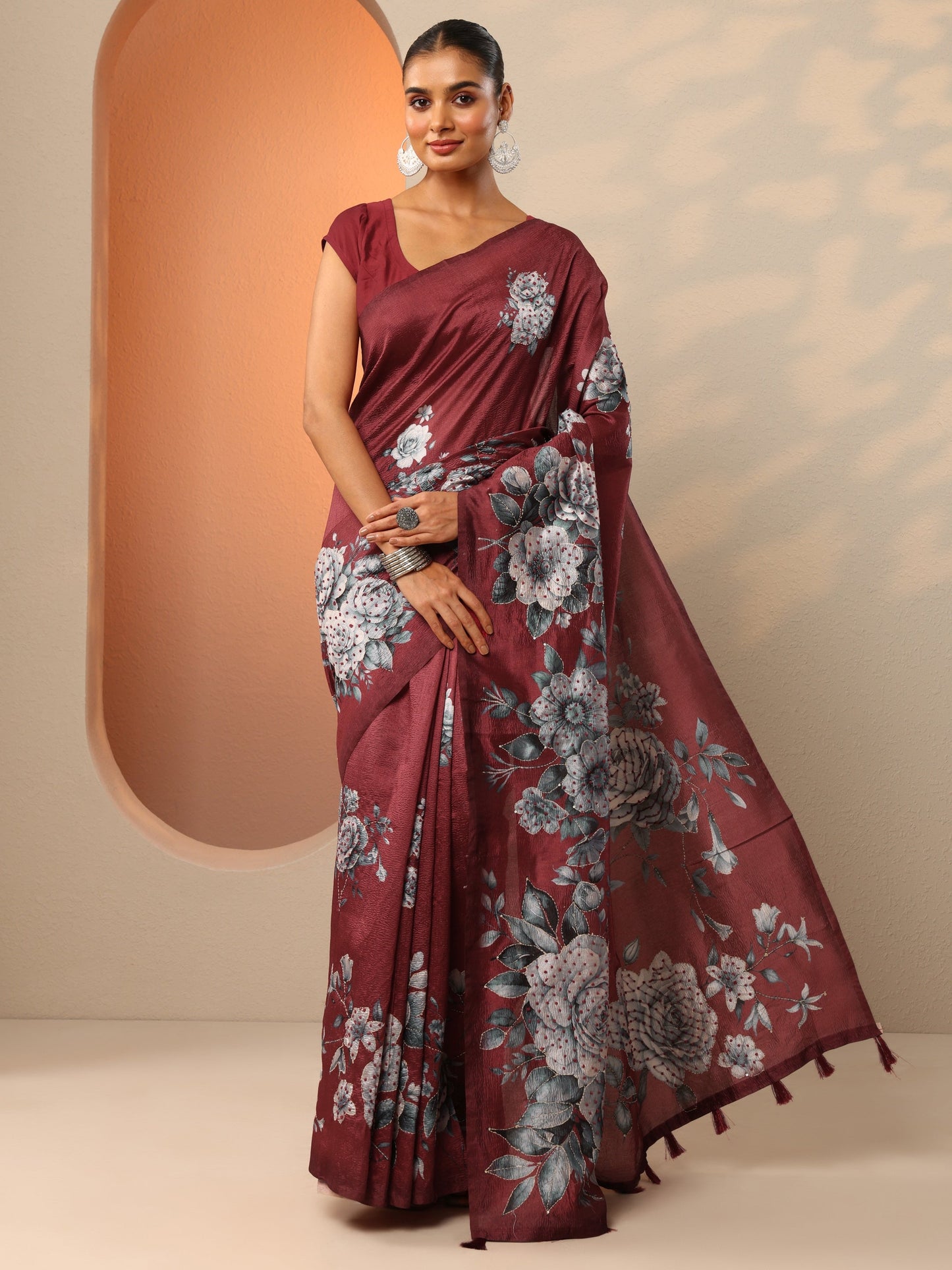 Maroon Embellished Silk Blend Saree With Unstitched Blouse Piece