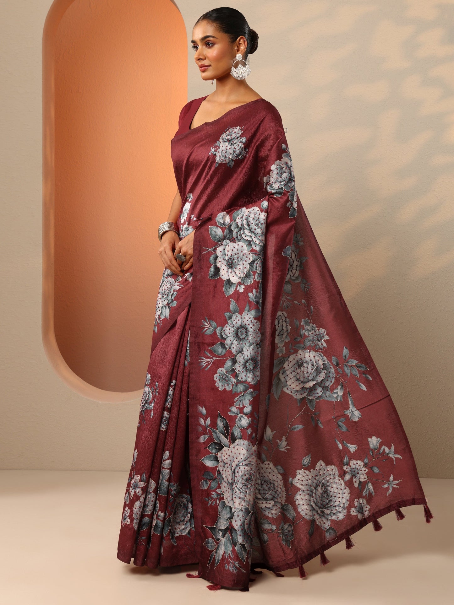 Maroon Embellished Silk Blend Saree With Unstitched Blouse Piece