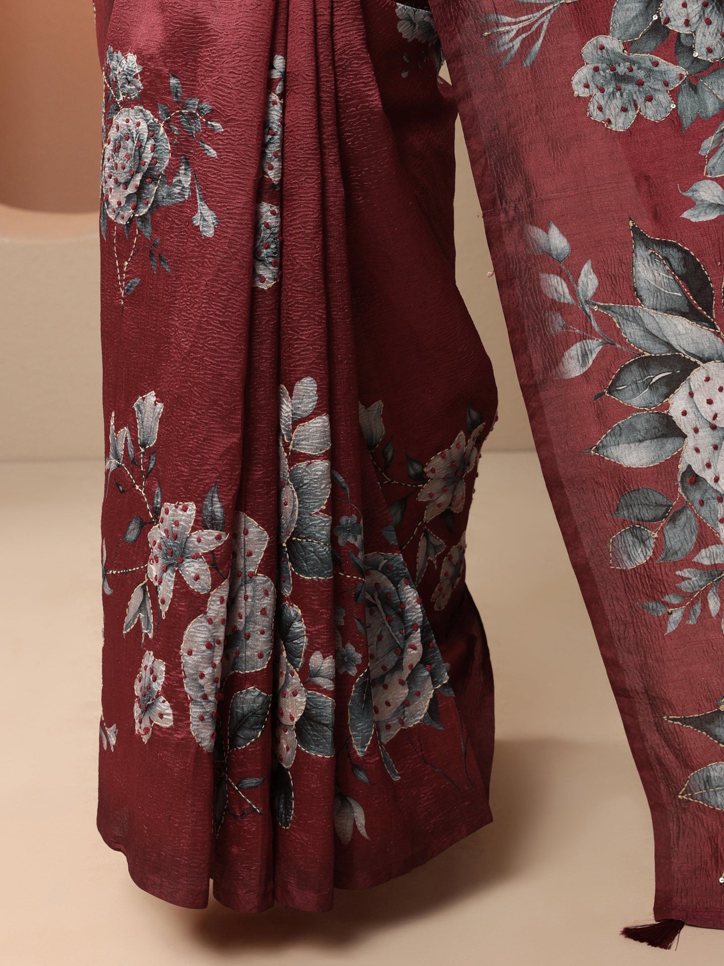 Maroon Embellished Silk Blend Saree With Unstitched Blouse Piece