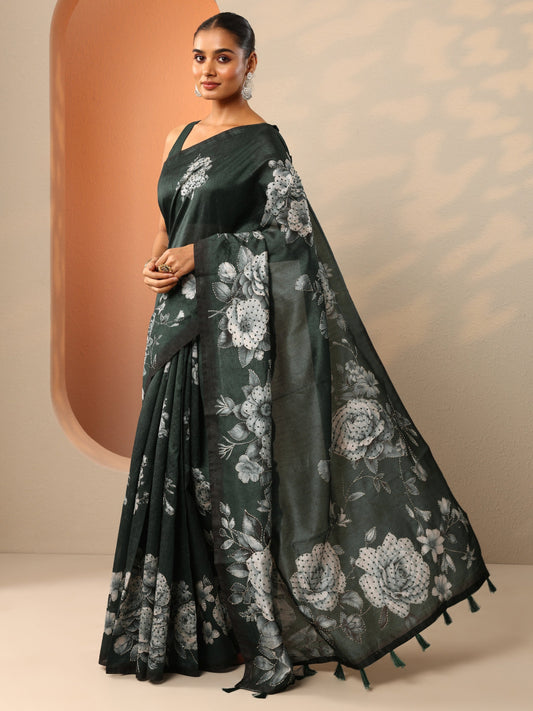 Green Embellished Silk Blend Saree With Unstitched Blouse Piece
