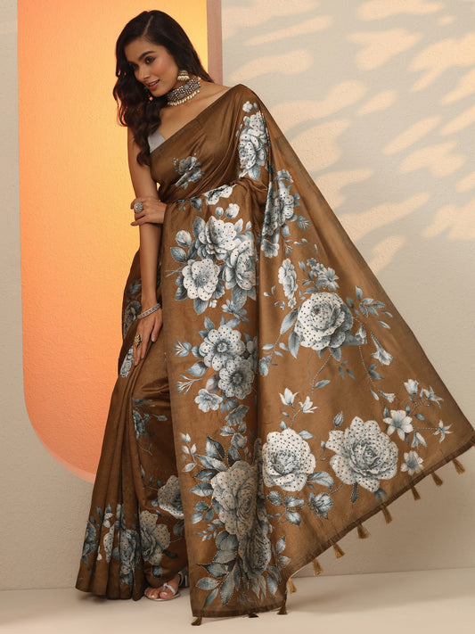 Brown Embellished Silk Blend Saree With Unstitched Blouse Piece
