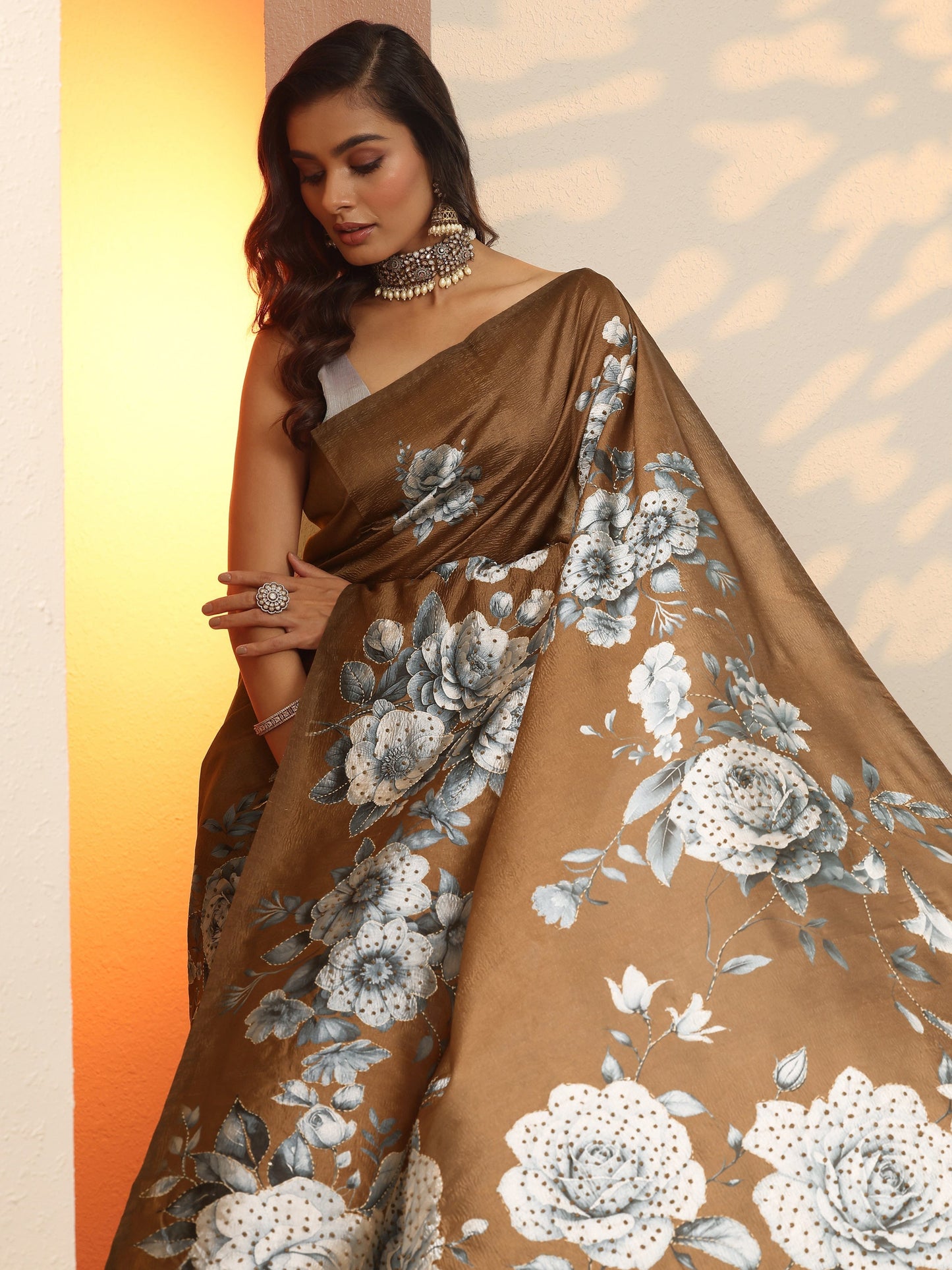 Brown Embellished Silk Blend Saree With Unstitched Blouse Piece