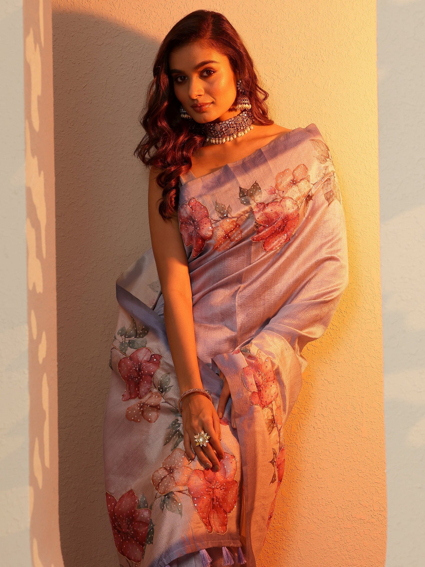 Lavender Embellished Silk Blend Saree With Unstitched Blouse Piece