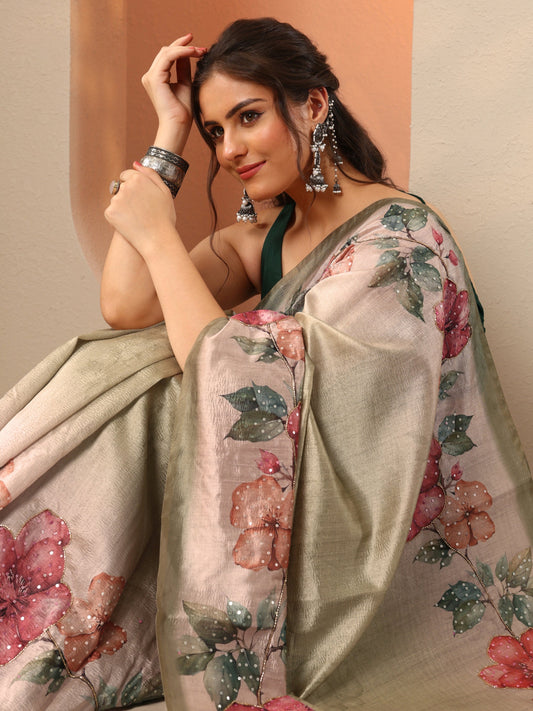 Green Embellished Silk Blend Saree With Unstitched Blouse Piece