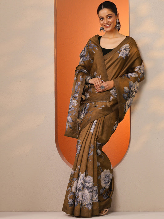 Brown Printed Silk Blend Saree With Unstitched Blouse Piece