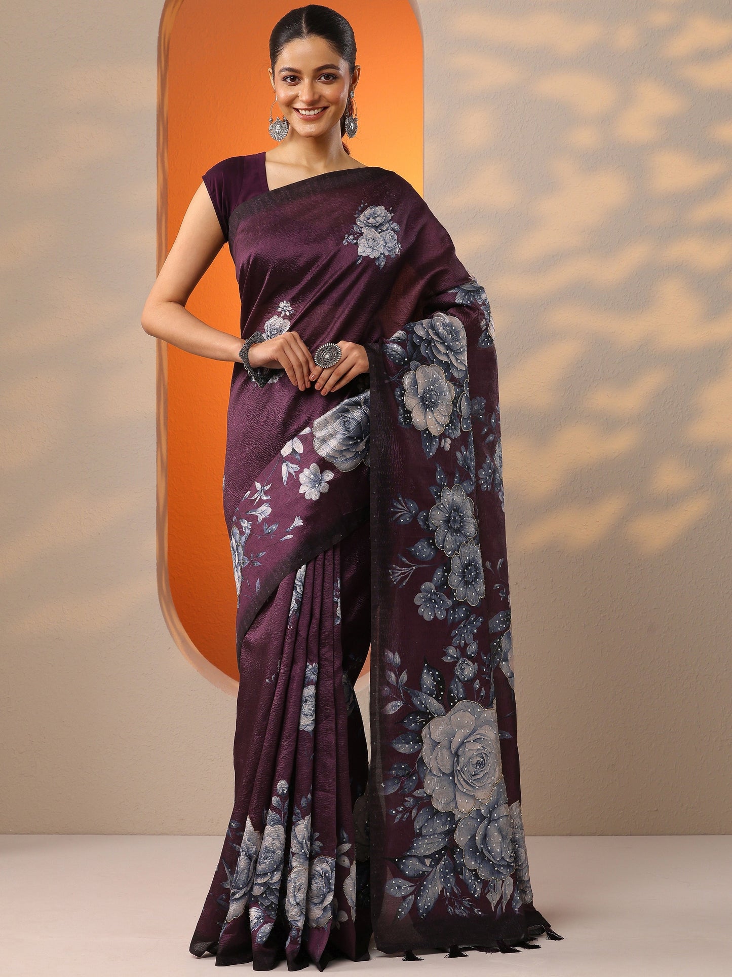 Burgundy Printed Silk Blend Saree With Unstitched Blouse Piece