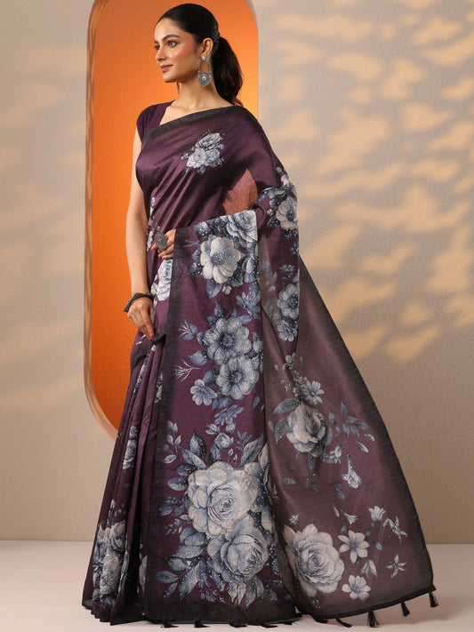 Burgundy Printed Silk Blend Saree With Unstitched Blouse Piece