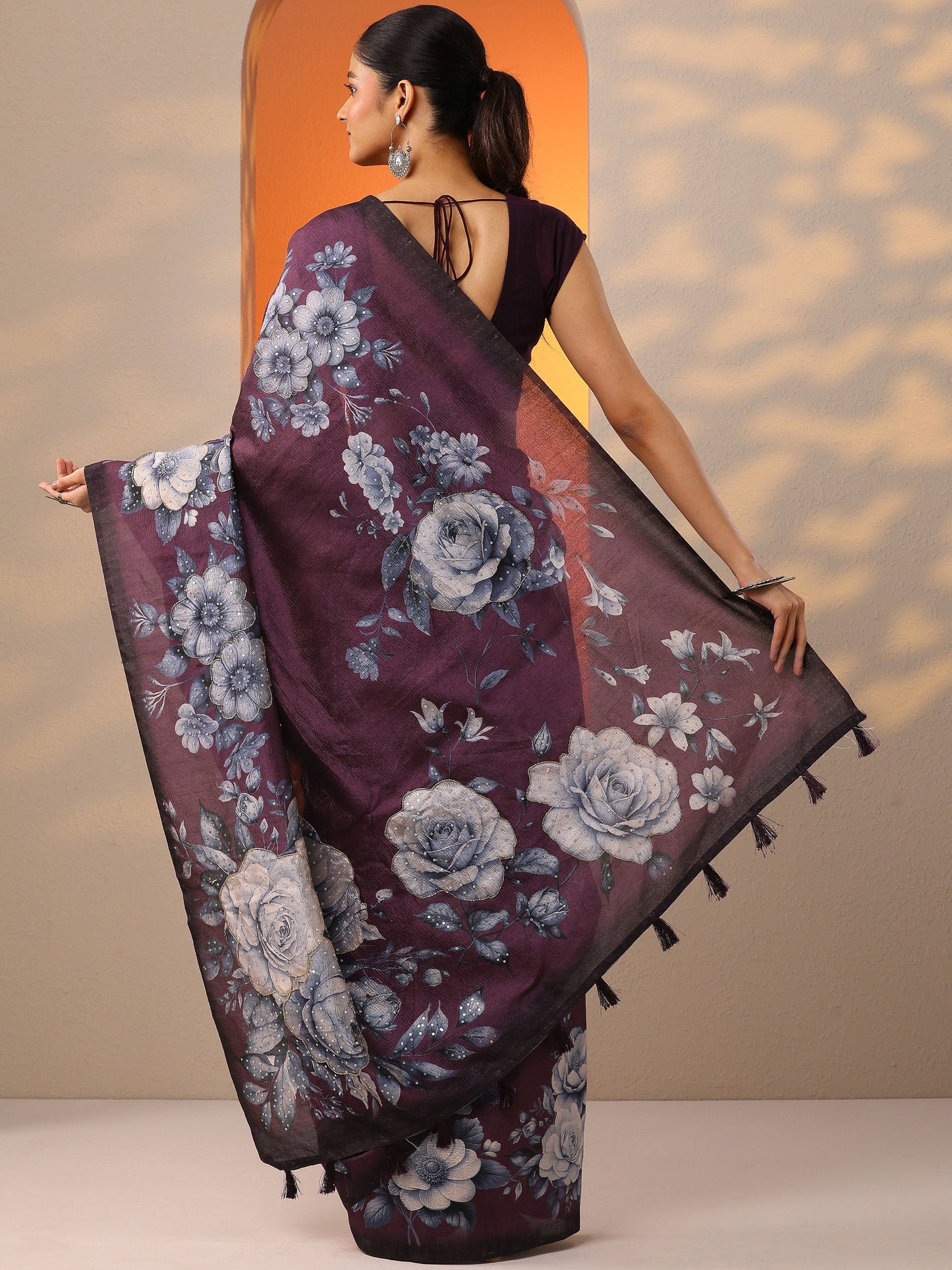 Burgundy Printed Silk Blend Saree With Unstitched Blouse Piece