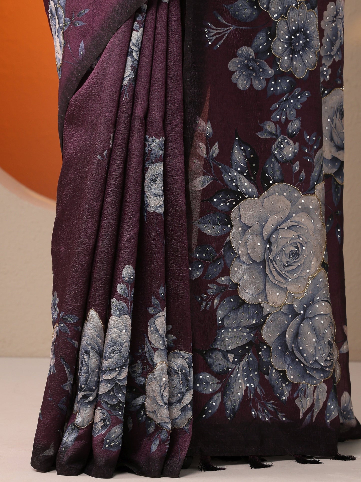 Burgundy Printed Silk Blend Saree With Unstitched Blouse Piece