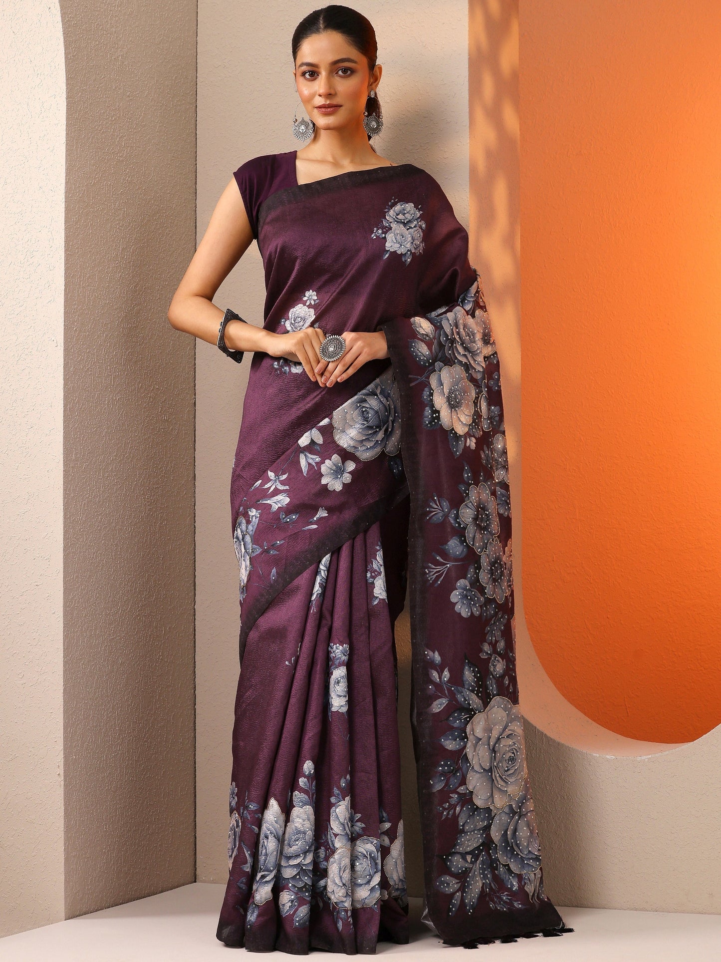 Burgundy Printed Silk Blend Saree With Unstitched Blouse Piece