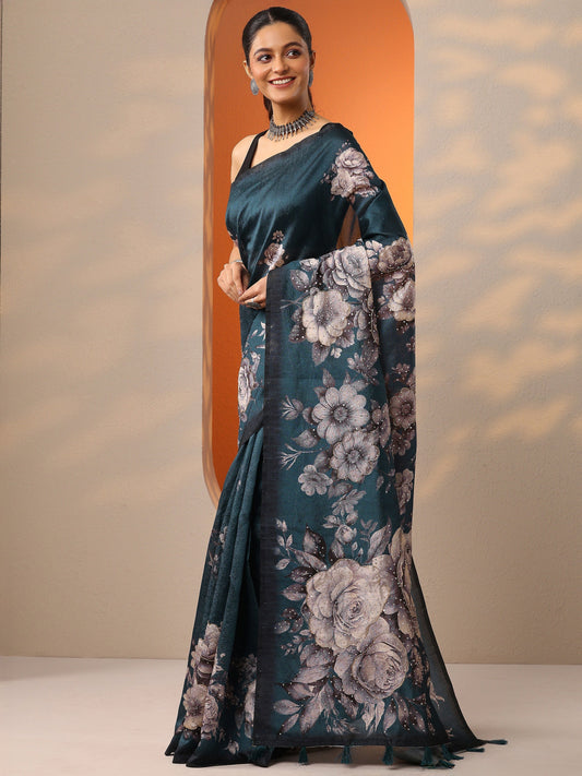 Teal Printed Silk Blend Saree With Unstitched Blouse Piece