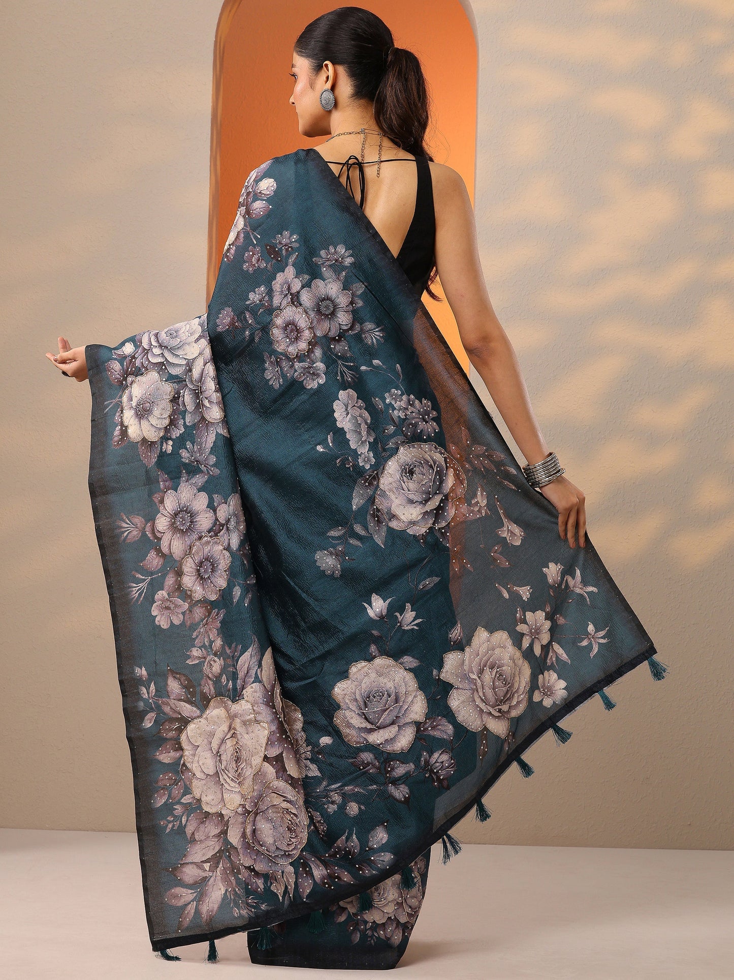 Teal Printed Silk Blend Saree With Unstitched Blouse Piece