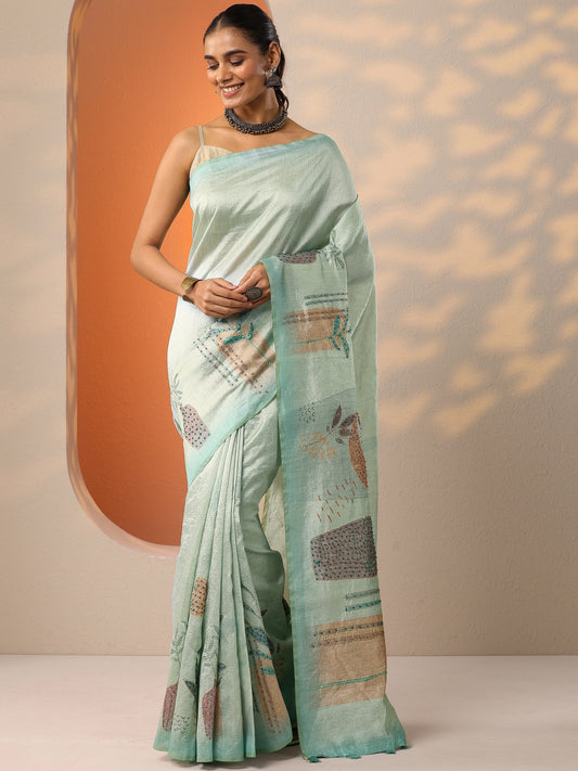 Sea Green Printed Silk Blend Saree With Unstitched Blouse Piece