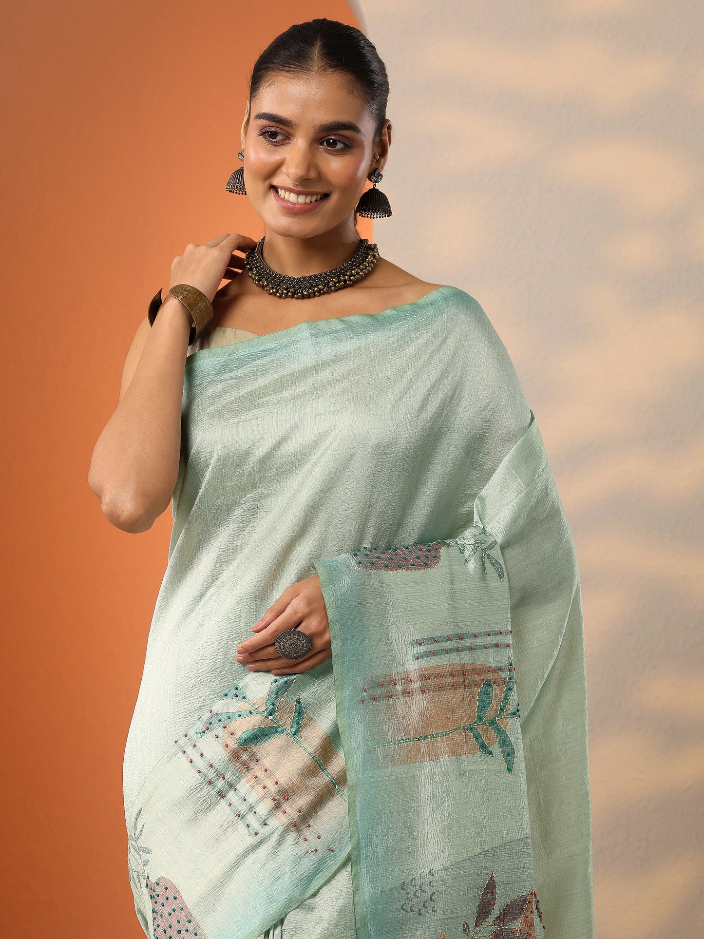Sea Green Printed Silk Blend Saree With Unstitched Blouse Piece