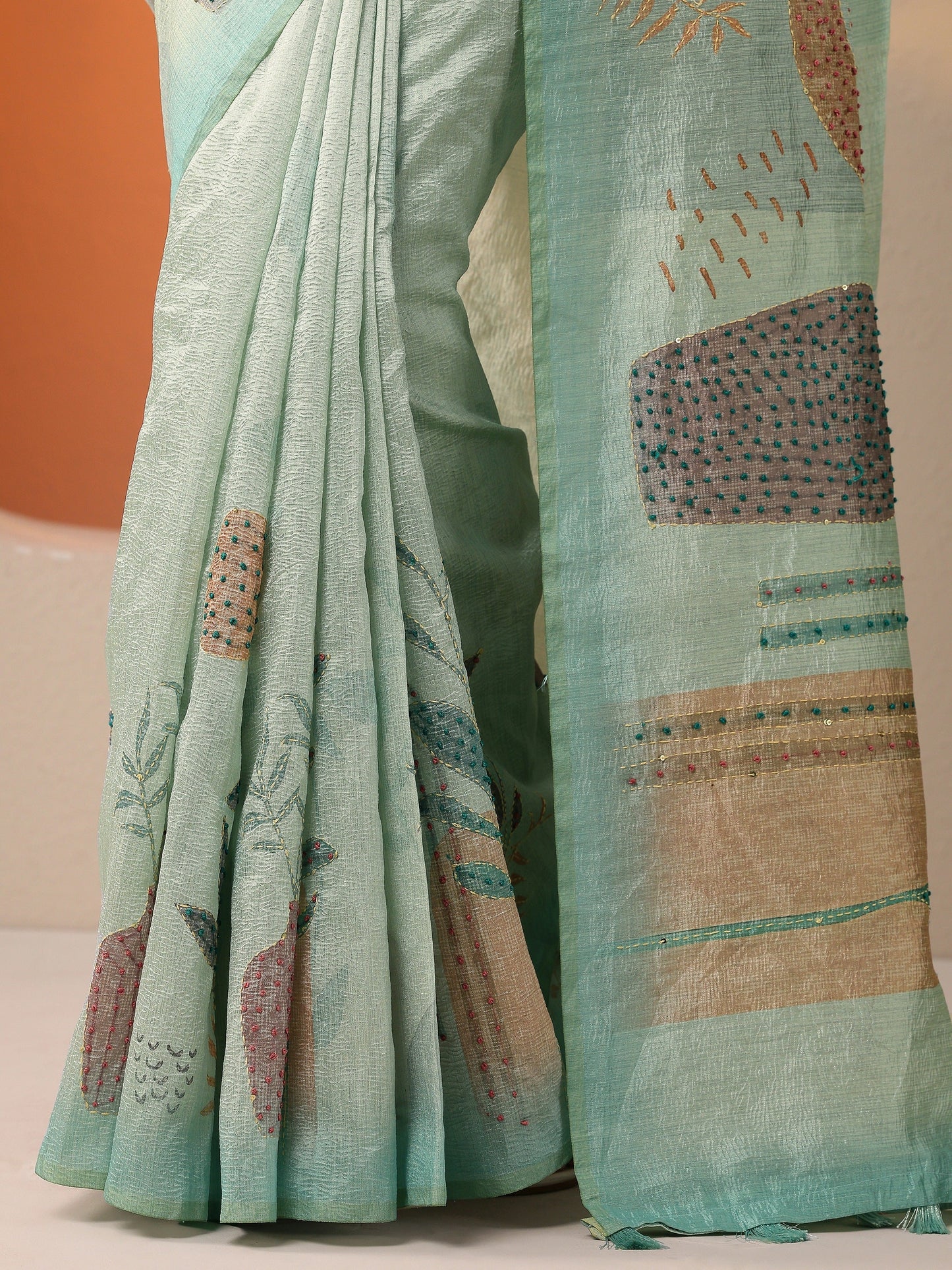 Sea Green Printed Silk Blend Saree With Unstitched Blouse Piece