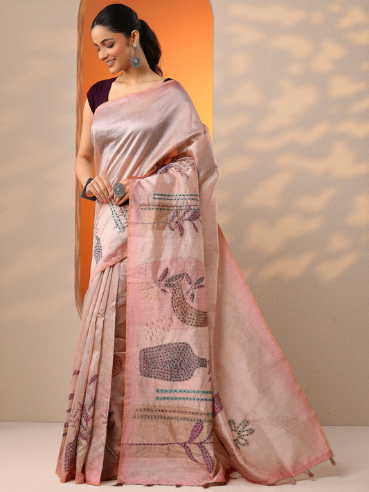 Peach Printed Silk Blend Saree With Unstitched Blouse Piece
