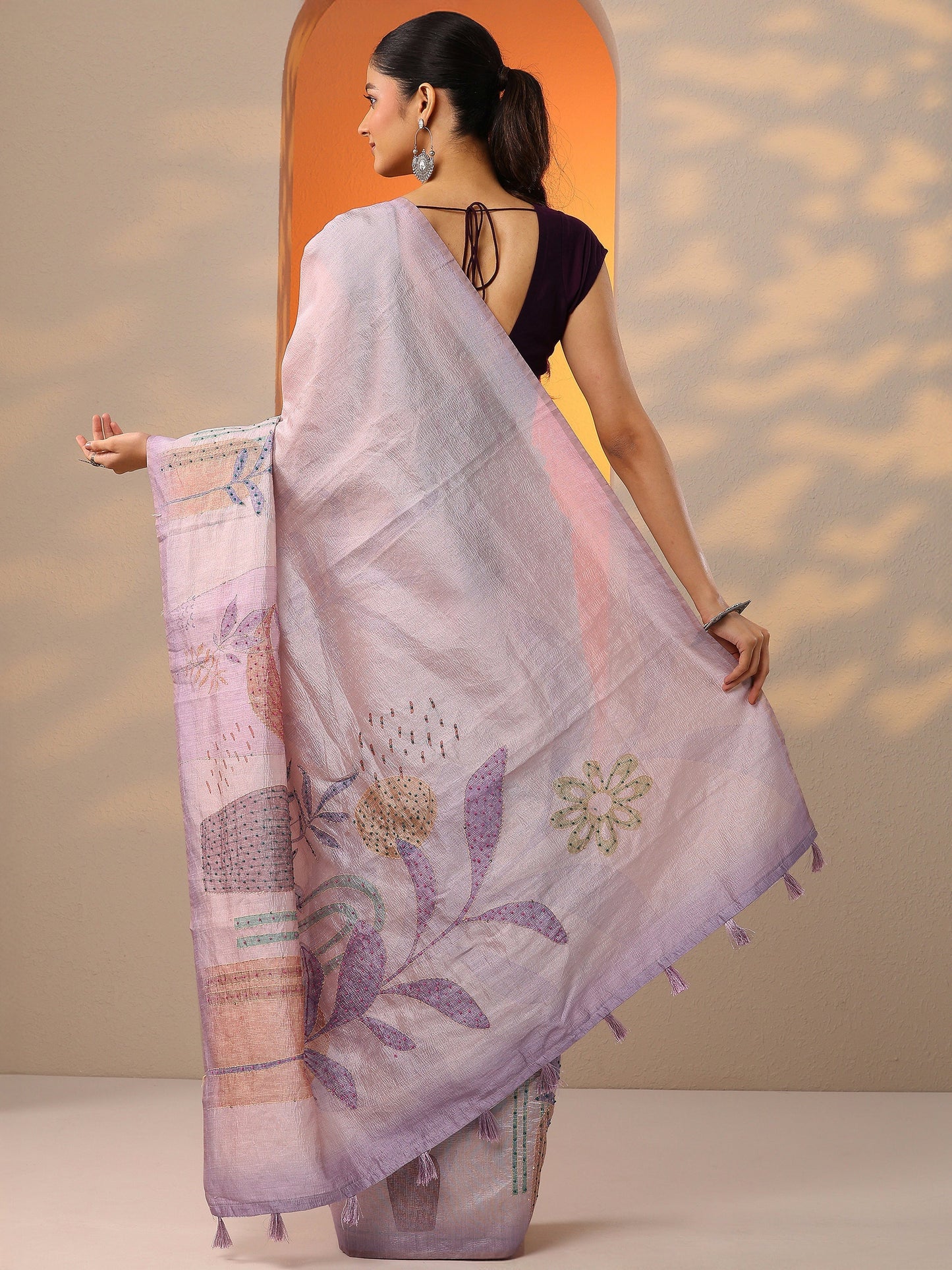 Lavender Printed Silk Blend Saree With Unstitched Blouse Piece