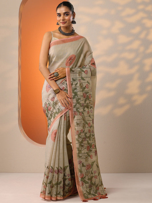 Peach Printed Silk Blend Saree With Unstitched Blouse Piece