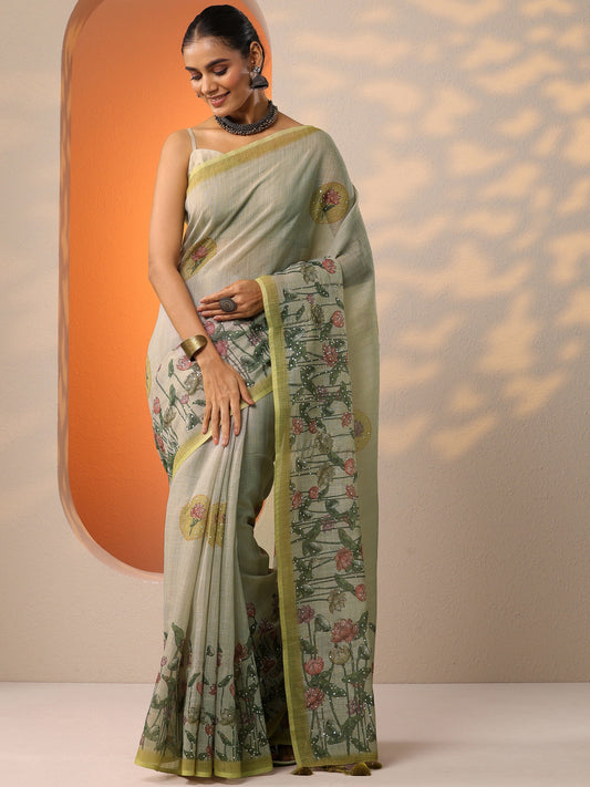 Green Printed Silk Blend Saree With Unstitched Blouse Piece