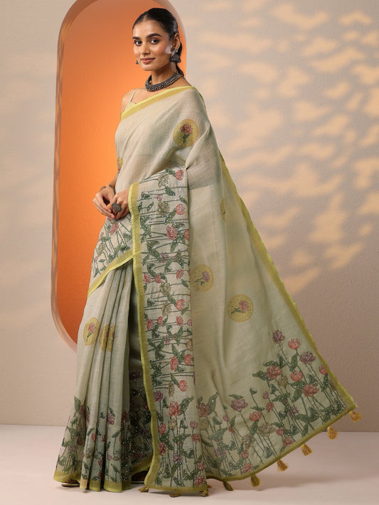 Green Printed Silk Blend Saree With Unstitched Blouse Piece