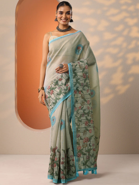 Beige Printed Silk Blend Saree With Unstitched Blouse Piece