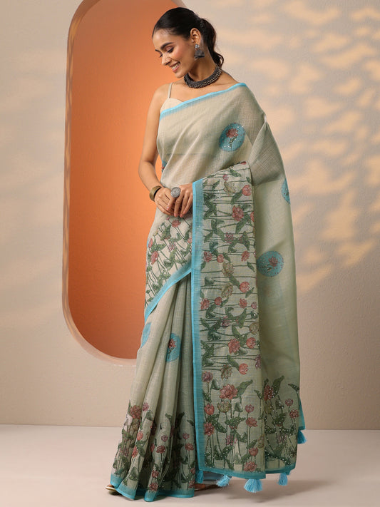 Beige Printed Silk Blend Saree With Unstitched Blouse Piece