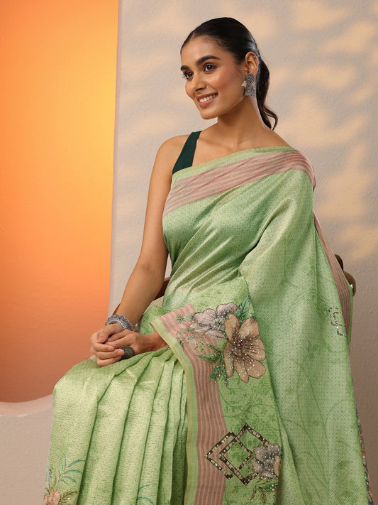Green Printed Silk Blend Saree With Unstitched Blouse Piece