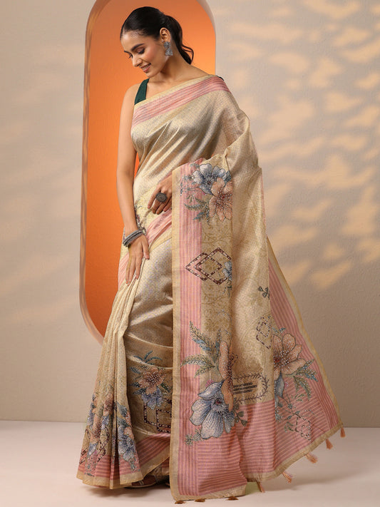 Beige Printed Silk Blend Saree With Unstitched Blouse Piece