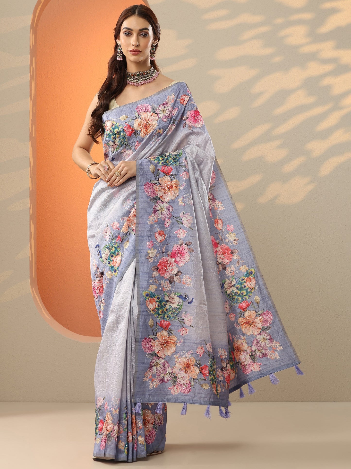 Lavender Printed Silk Blend Saree With Unstitched Blouse Piece