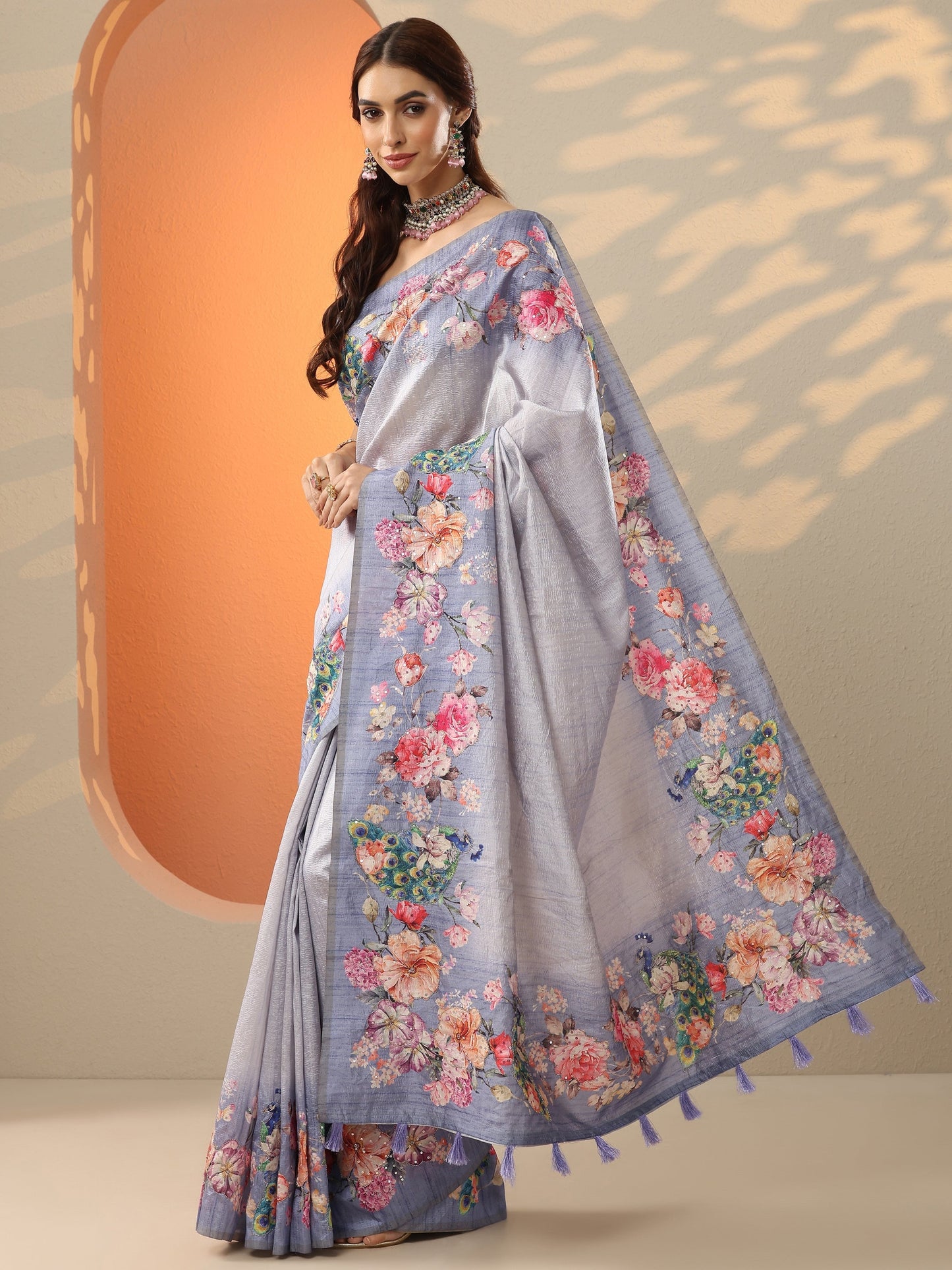 Lavender Printed Silk Blend Saree With Unstitched Blouse Piece