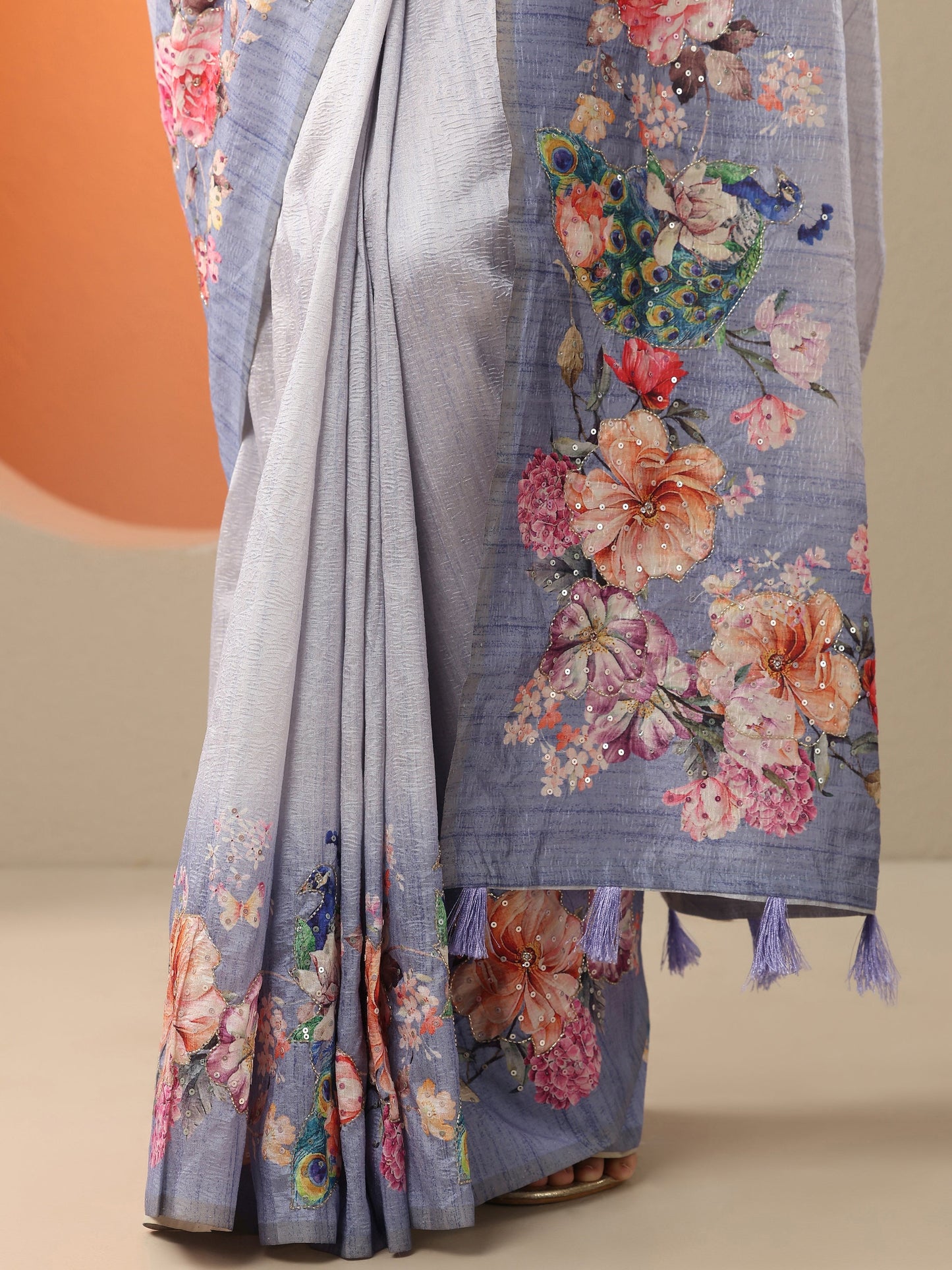 Lavender Printed Silk Blend Saree With Unstitched Blouse Piece