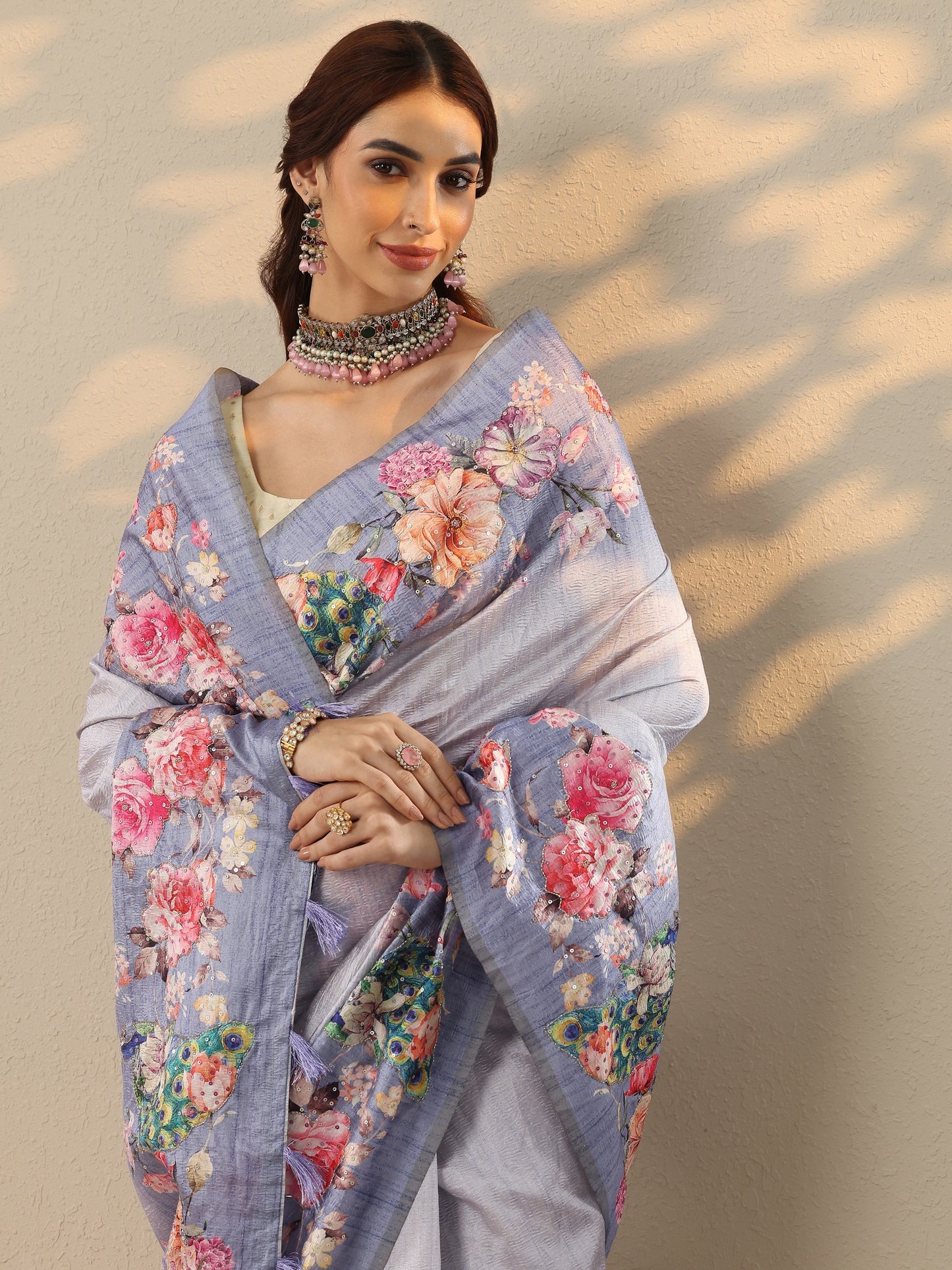 Lavender Printed Silk Blend Saree With Unstitched Blouse Piece
