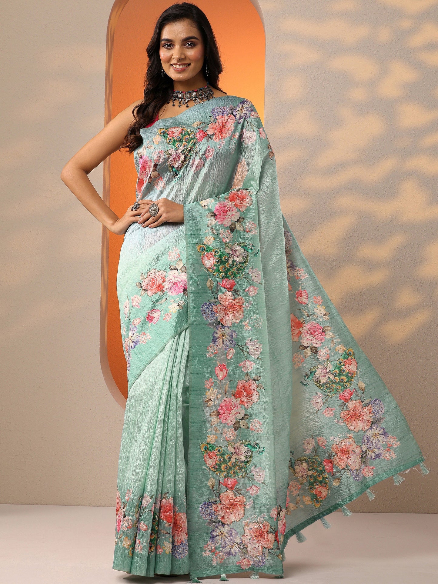 Sea Green Printed Silk Blend Saree With Unstitched Blouse Piece