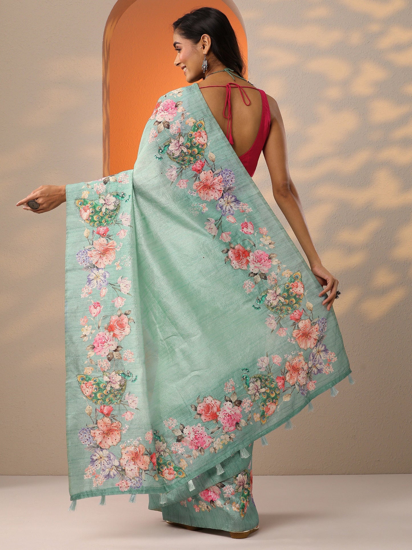 Sea Green Printed Silk Blend Saree With Unstitched Blouse Piece