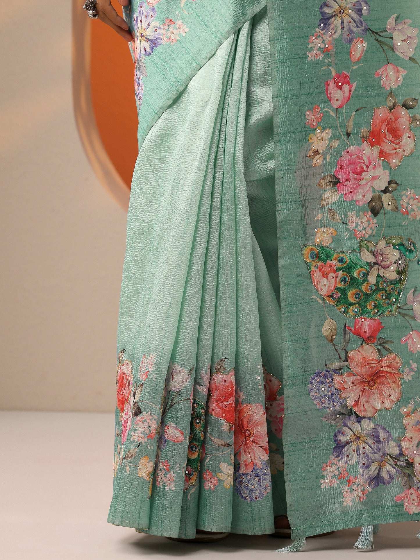 Sea Green Printed Silk Blend Saree With Unstitched Blouse Piece
