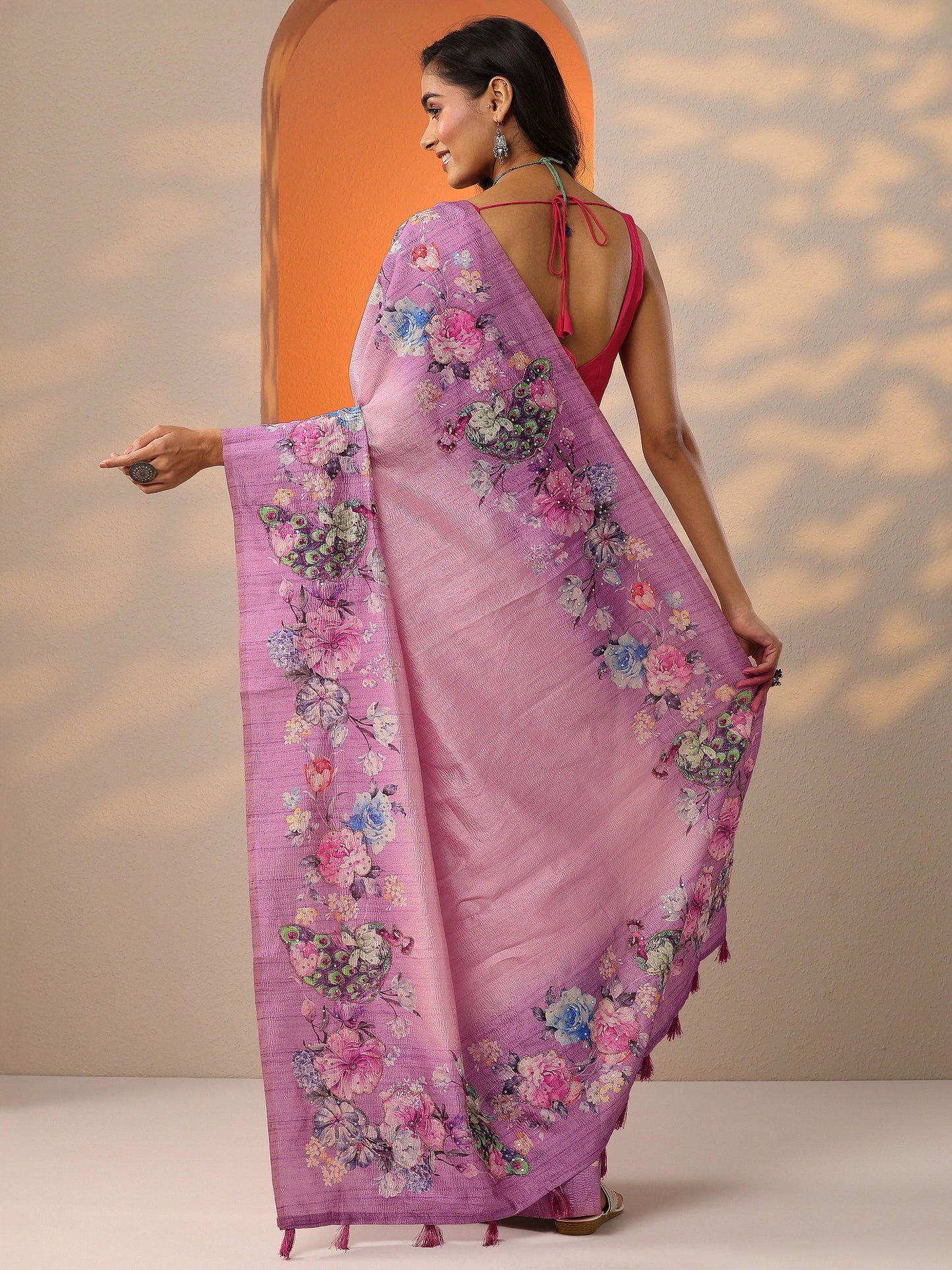Mauve Printed Silk Blend Saree With Unstitched Blouse Piece