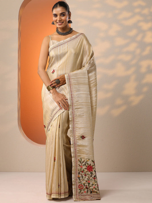 Beige Embroidered Silk Blend Saree With Unstitched Blouse Piece