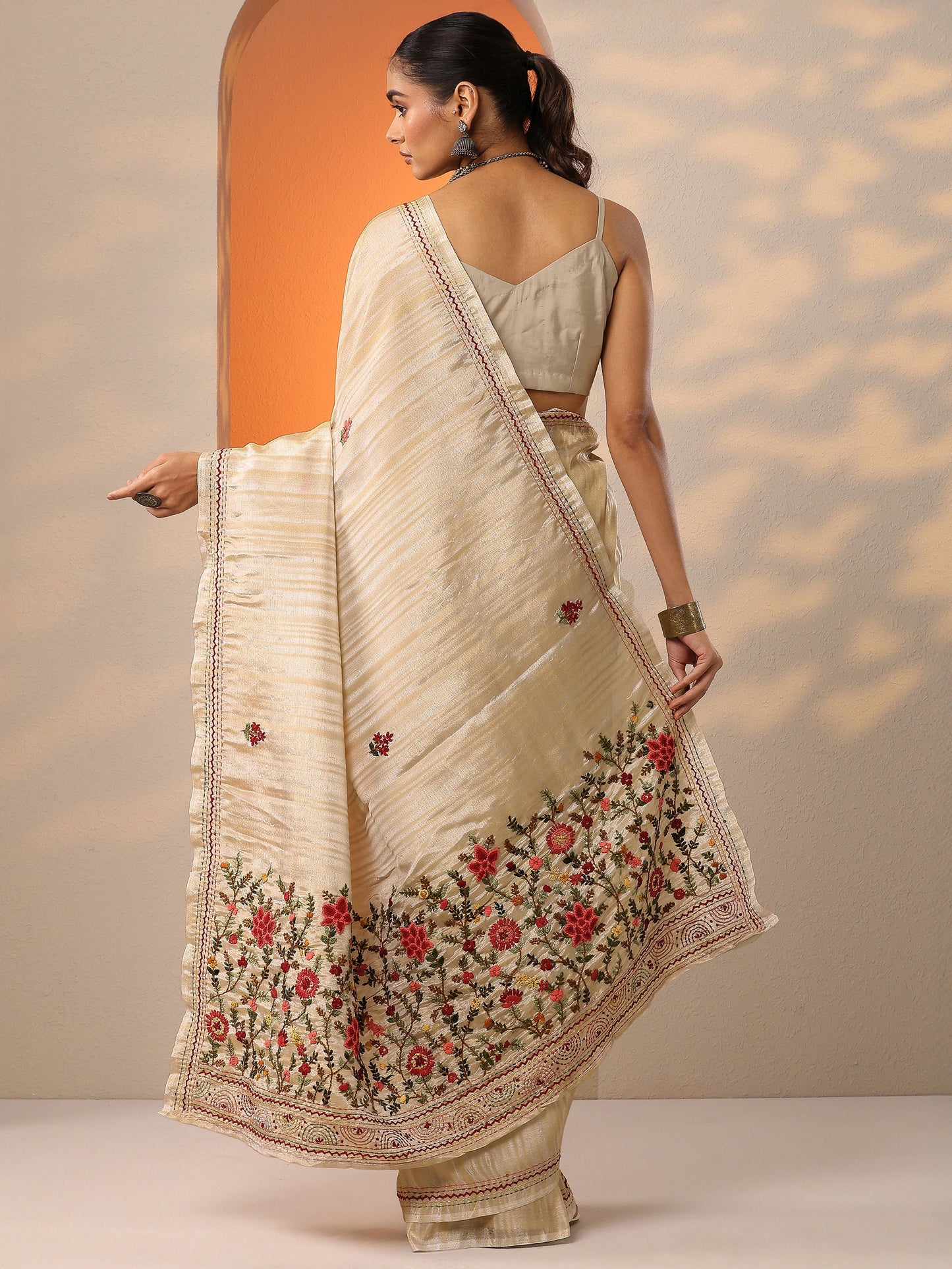 Beige Embroidered Silk Blend Saree With Unstitched Blouse Piece