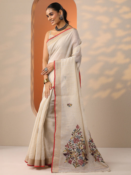 Beige Embroidered Silk Blend Saree With Unstitched Blouse Piece