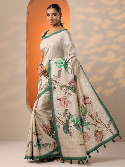 Beige Printed Silk Blend Saree With Unstitched Blouse Piece
