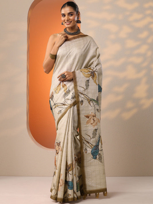 Beige Printed Silk Blend Saree With Unstitched Blouse Piece