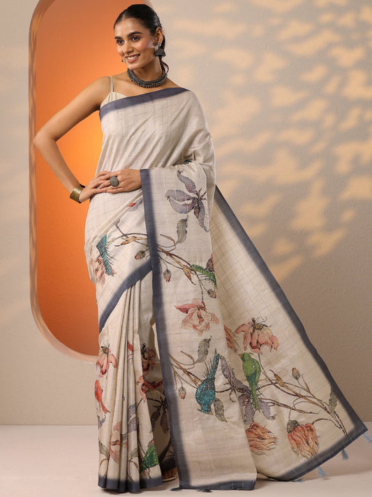 Beige Printed Silk Blend Saree With Unstitched Blouse Piece
