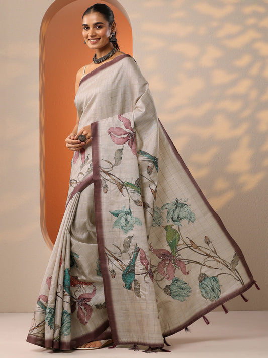 Beige Printed Silk Blend Saree With Unstitched Blouse Piece