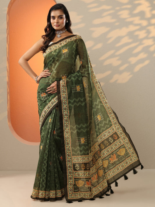 Olive Printed Silk Blend Saree With Unstitched Blouse Piece