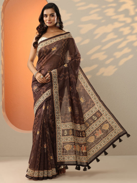 Brown Printed Silk Blend Saree With Unstitched Blouse Piece