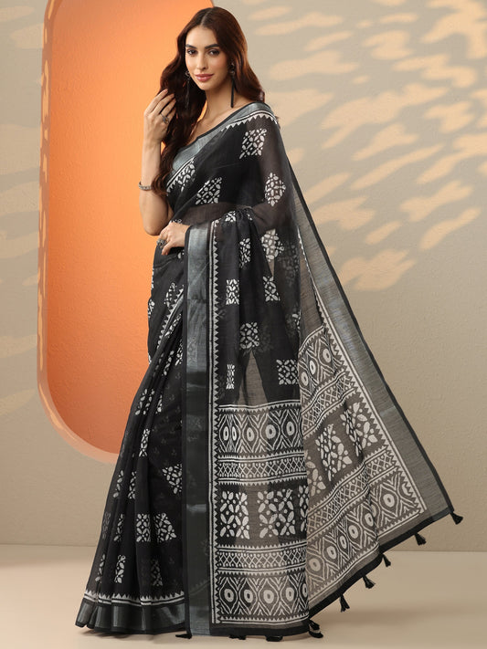 Black Printed Cotton Blend Saree With Unstitched Blouse Piece