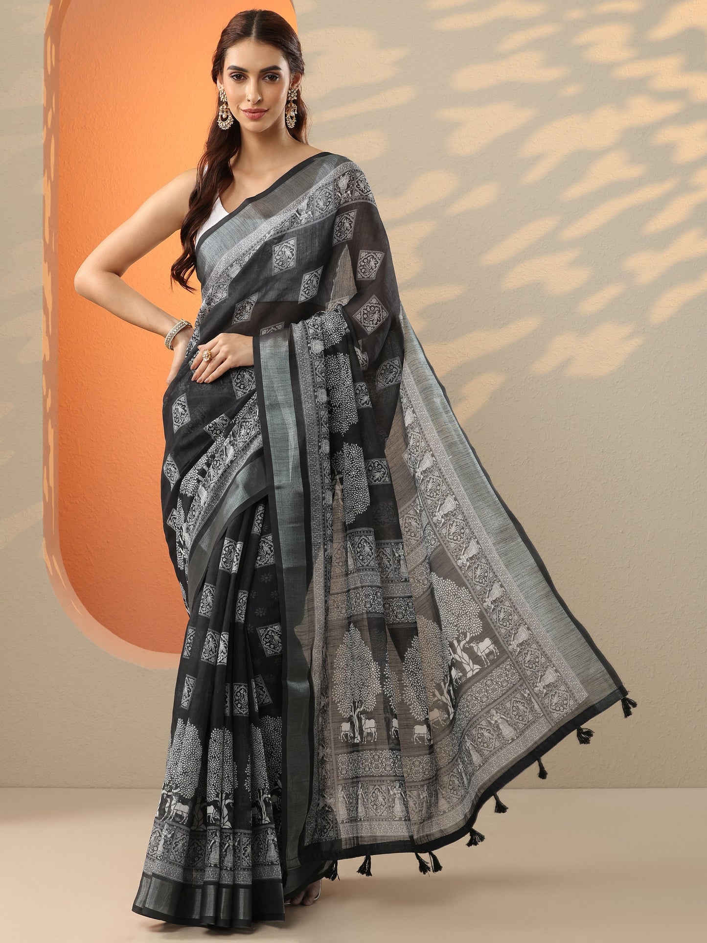 Black Printed Cotton Blend Saree With Unstitched Blouse Piece