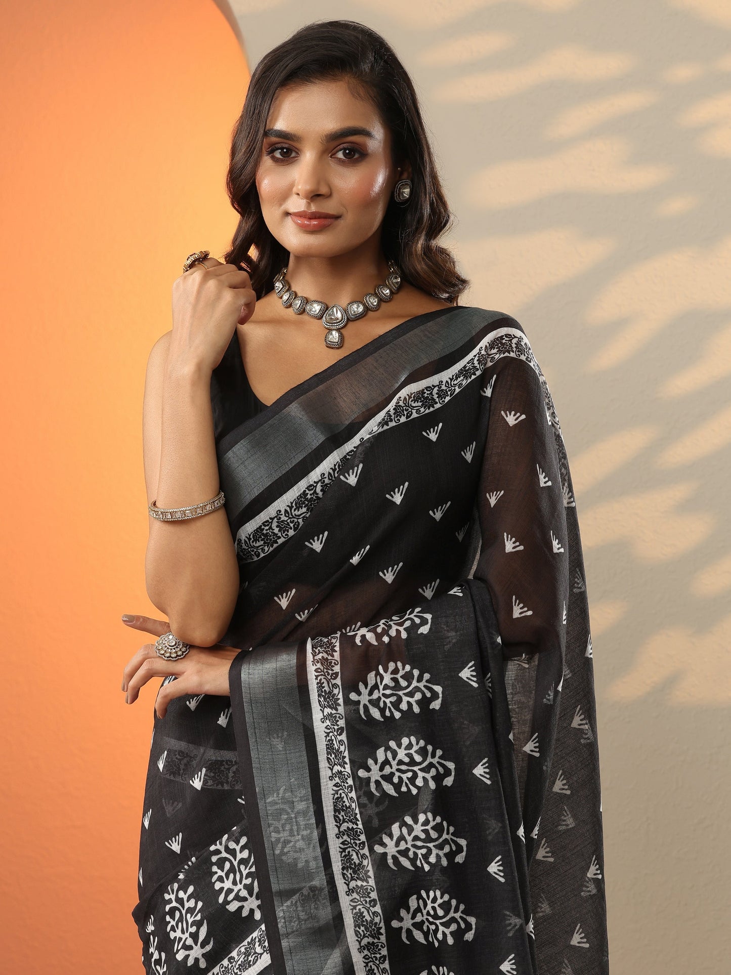 Black Printed Cotton Blend Saree With Unstitched Blouse Piece