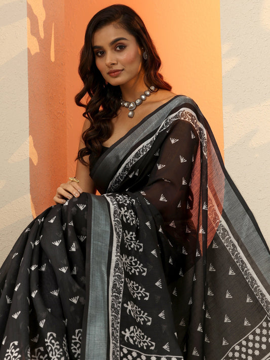 Black Printed Cotton Blend Saree With Unstitched Blouse Piece
