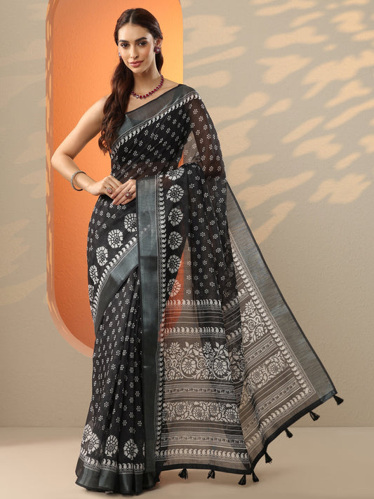 Black Printed Cotton Blend Saree With Unstitched Blouse Piece